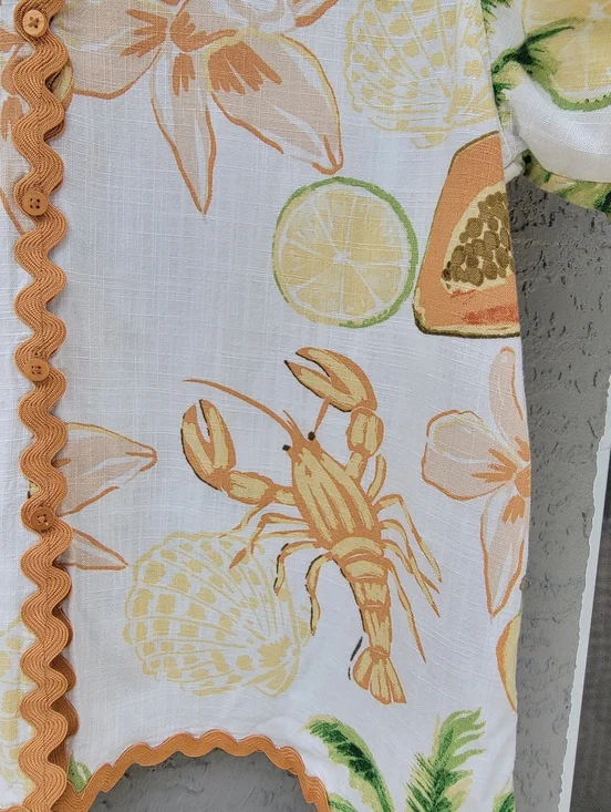 Calypso St Barts Linen Tropical Lobster Papaya Top Small boxy Relaxed - Picture 9 of 10